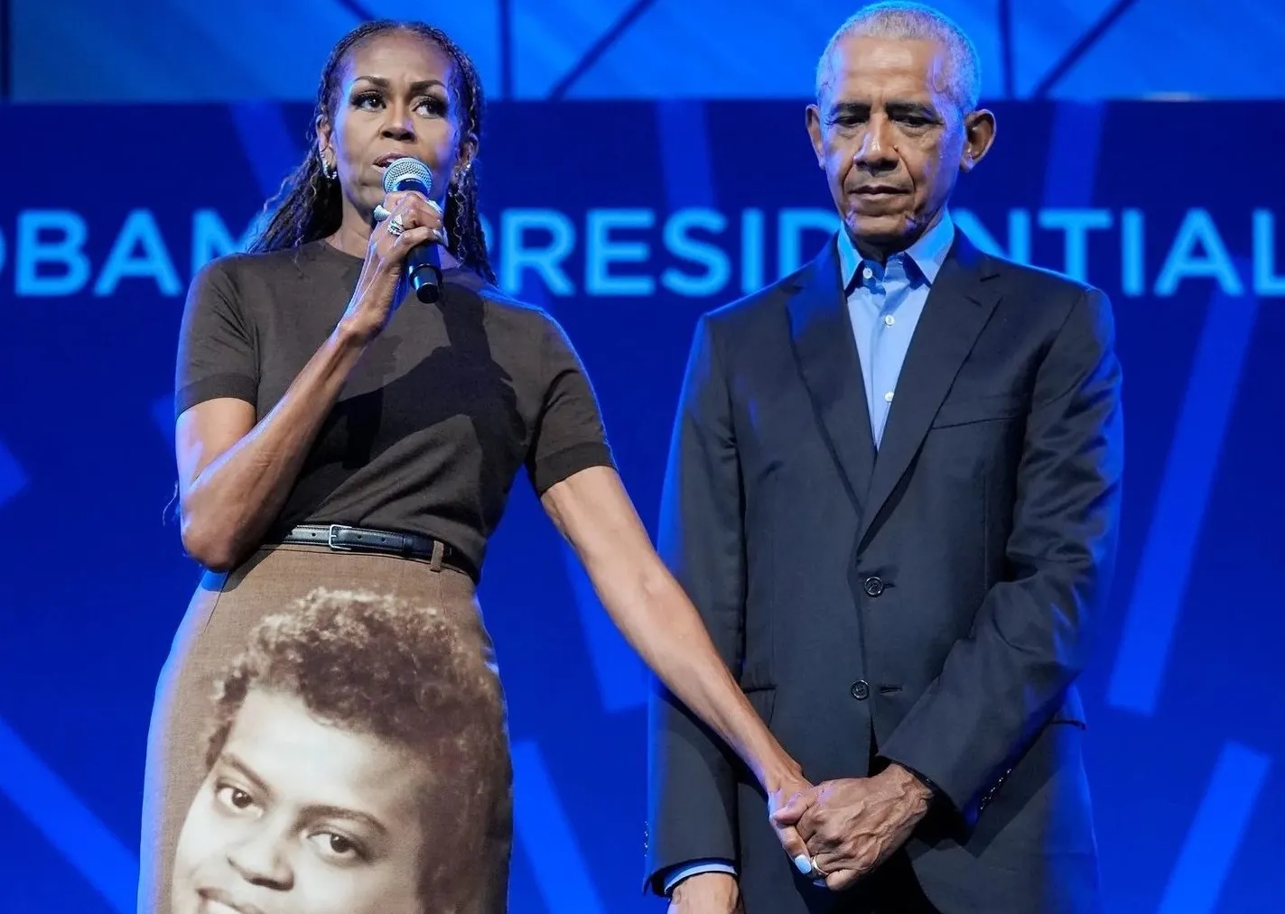 Michelle Obama Wore a Custom Acne Studios FW26 Pencil Skirt Featuring a Portrait of Her Late Mother Marian Robinson at the Obama Presidential Center Opening in Chicago