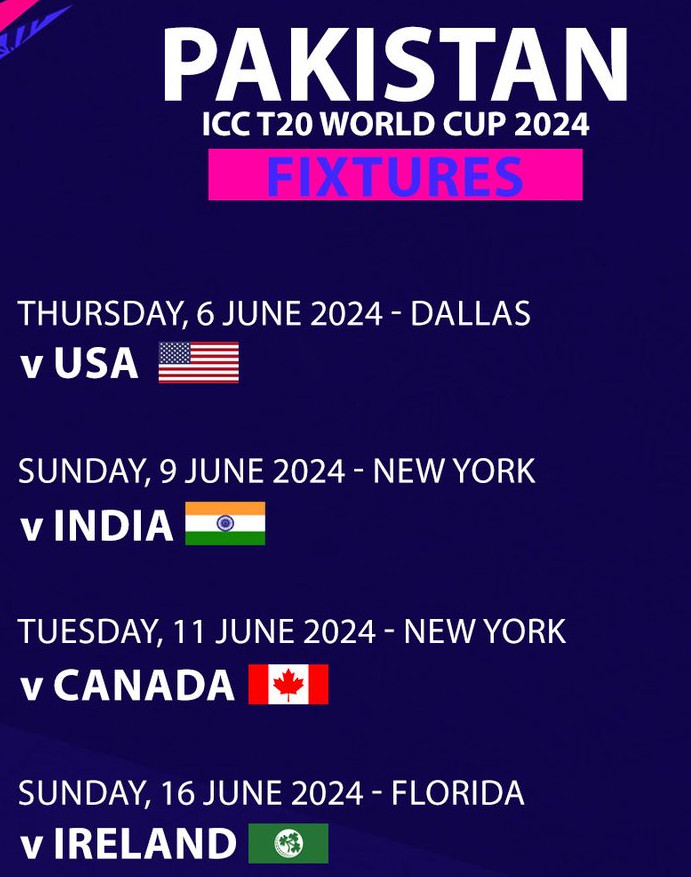 Pakistan T20 World Cup Schedule 2024- List of Pakistan Fixtures T20 WC
